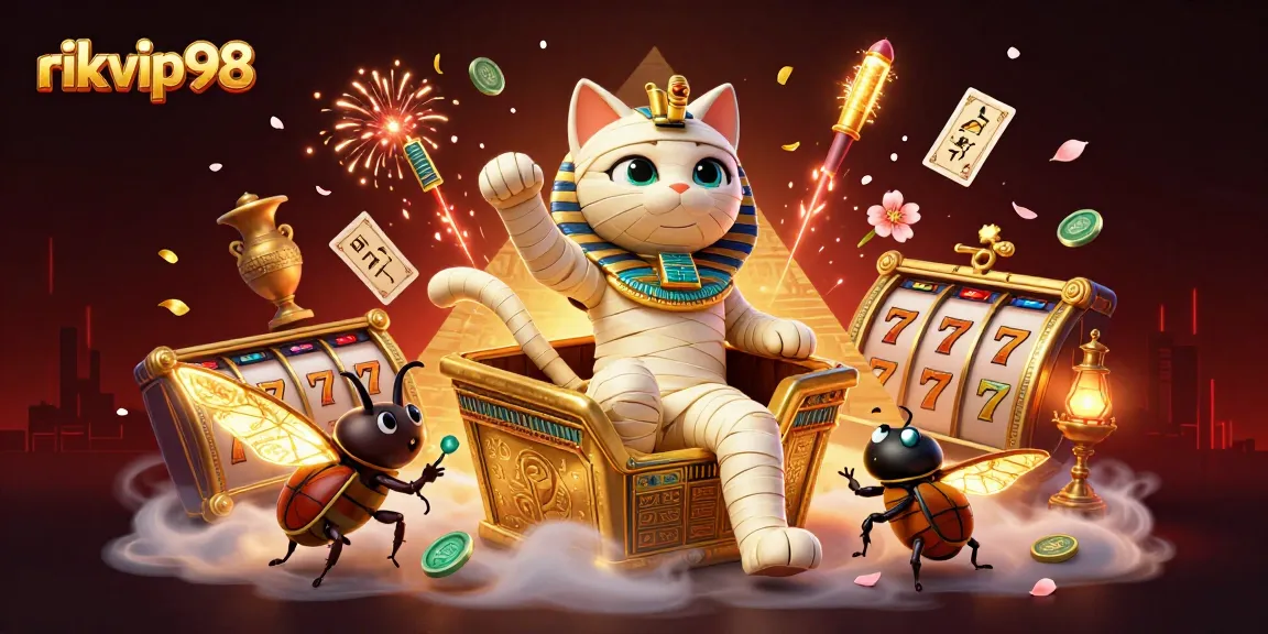 Experience thrilling wins at rikvip98 with a lively 3D pyramid casino scene featuring a mummy cat and scarab.