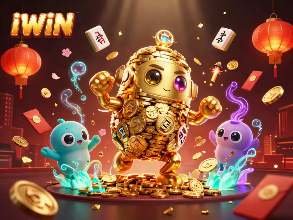 IWIN brings excitement with a golden golem and dynamic game elements in a vibrant casino scene.