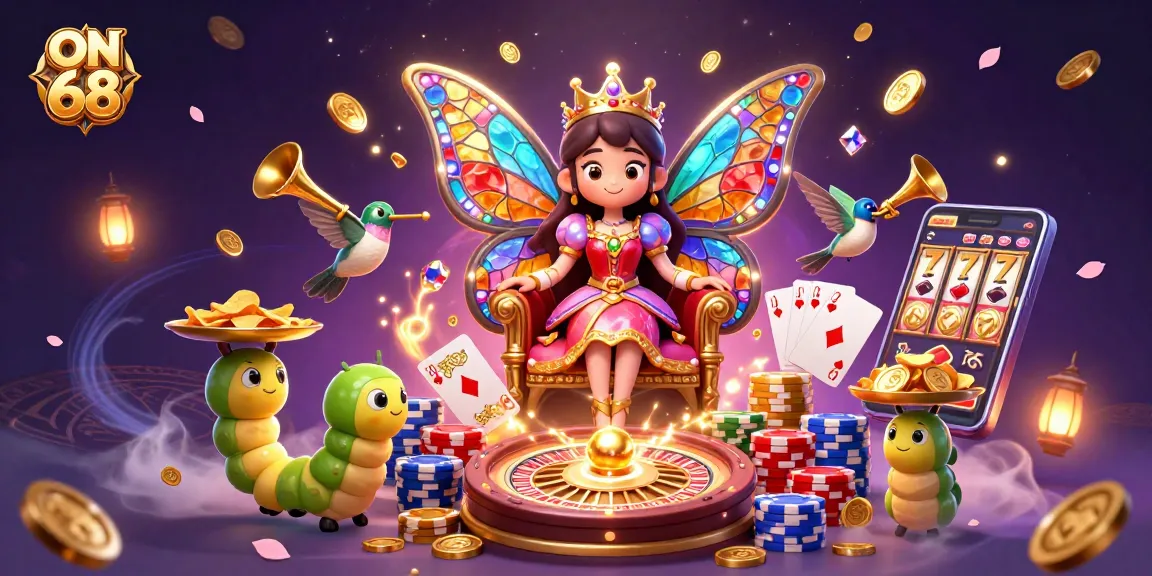 Engage in ON 68's thrilling casino world with a vibrant butterfly queen and dynamic gambling elements.