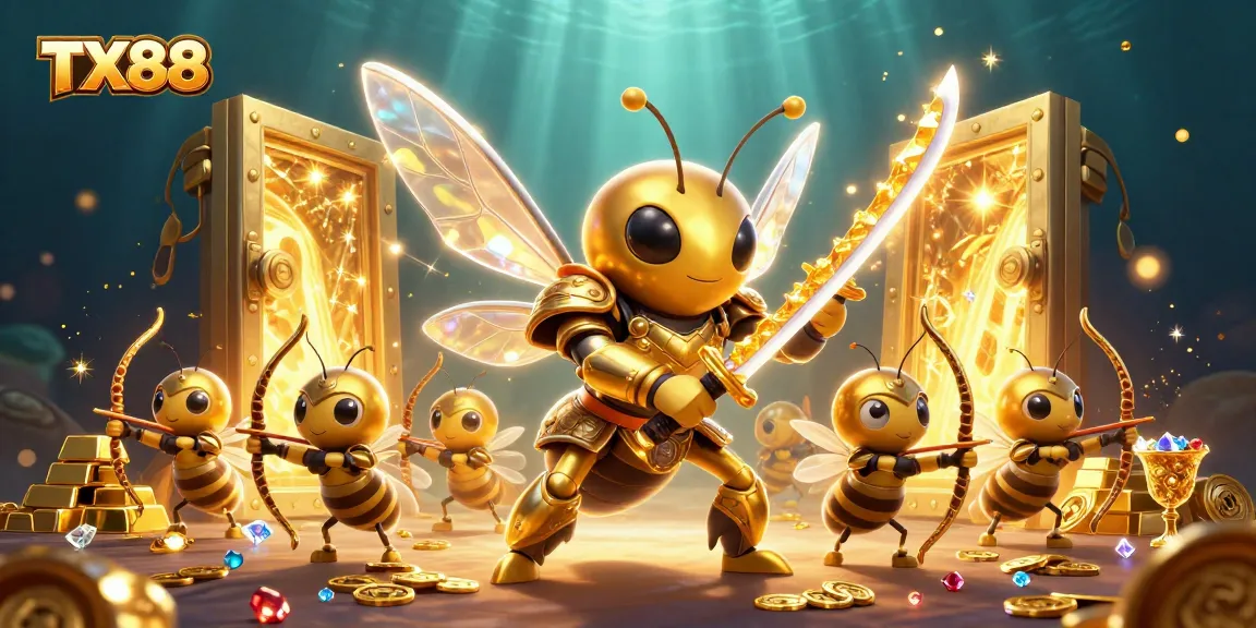 Engage with the TX88 experience, featuring vibrant golden characters in a casino-themed digital art.