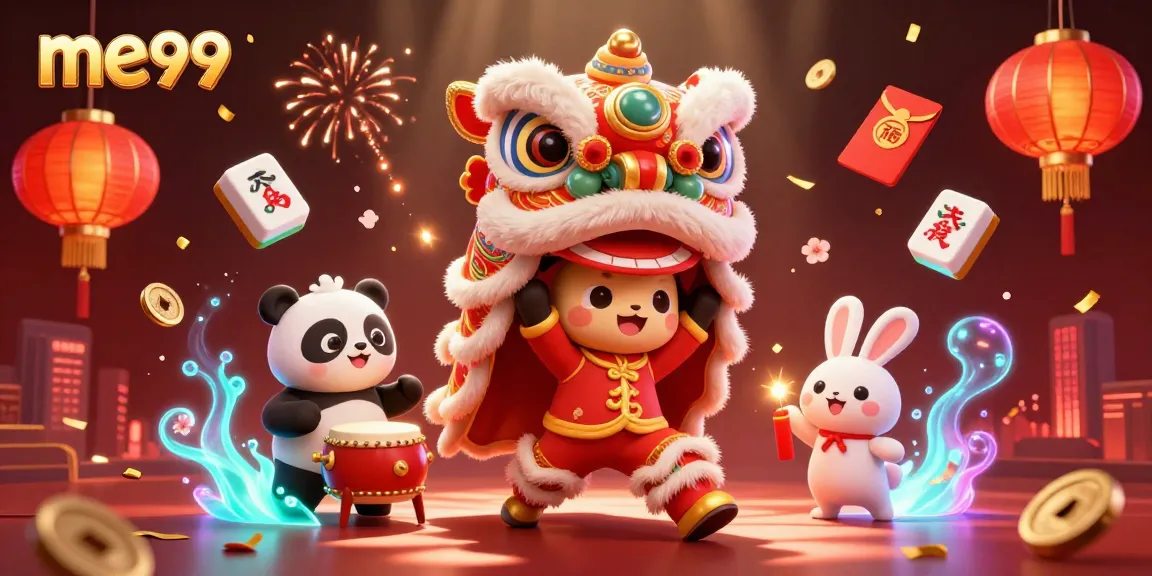 Experience the vibrant world of me99, where characters celebrate with lively lion dance amidst exciting casino elements.