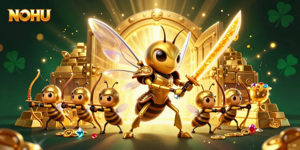 Engage in the thrilling world of NOHU with 3D casino visuals showcasing a giant golden hornet samurai and treasure-filled scenes.