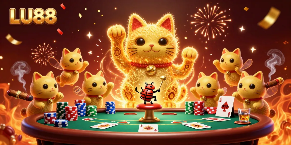 Experience LU88 with a vibrant casino scene showcasing the lucky cat amidst poker tables and excitement.