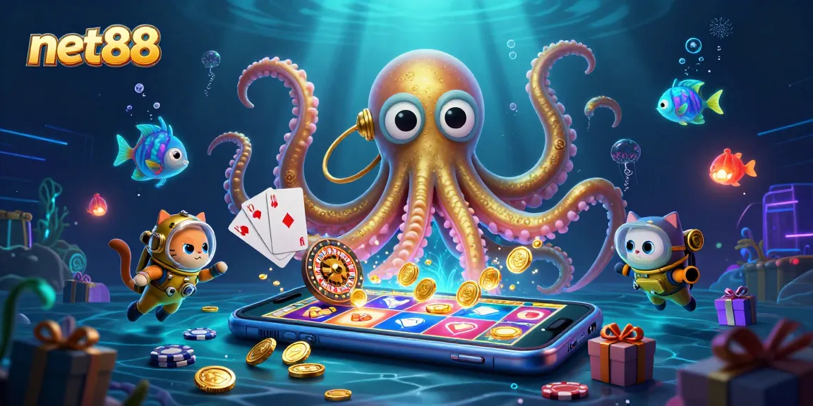 Join the adventure with net88 as the kraken reveals treasures in this vibrant casino scene