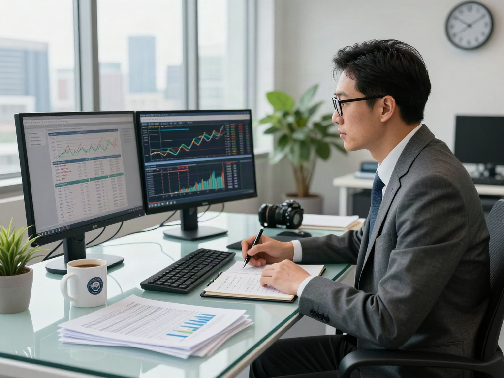 Financial advisor illustrating how to deposit 10k with market data and investment strategies.