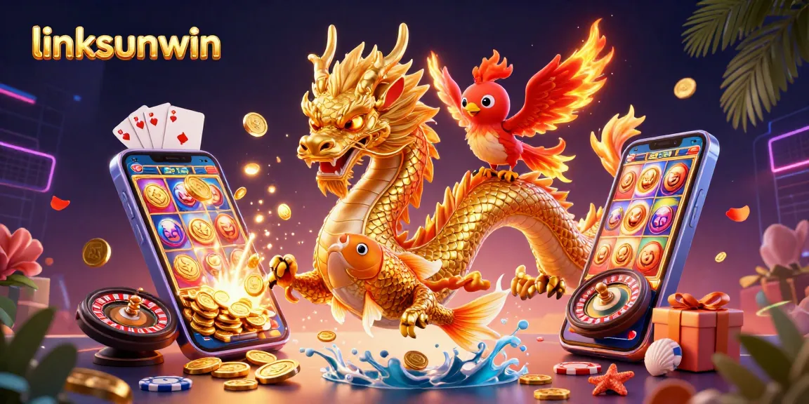 Experience exhilarating gameplay at linksunwin with a golden dragon, phoenix, and koi fish amidst vibrant slot game elements.
