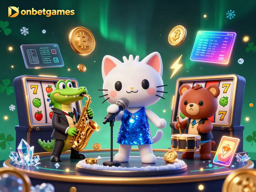 Spin slot machines while enjoying music from onbetgames, featuring vibrant characters and crypto coins.