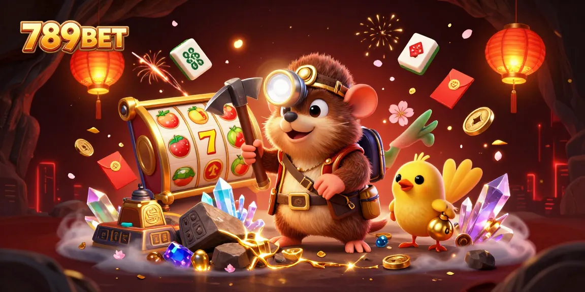 Experience excitement at 789BET with a dynamic mining scene featuring a treasure hunter and casino elements.