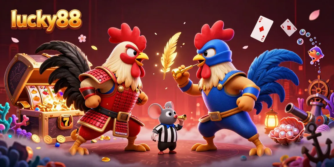 Play thrilling lucky88 slots with dynamic 3D roosters in an exciting casino environment.