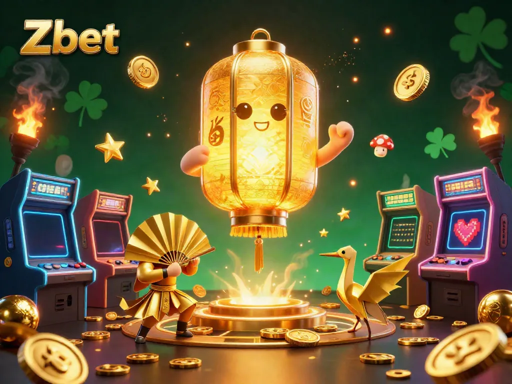 Zbet's colorful gaming atmosphere with golden lantern, warriors, and arcade games.