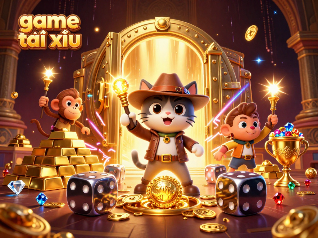 Engage with the thrilling game tài xỉu as a cat explorer uncovers golden treasures in a vibrant 3D scene.