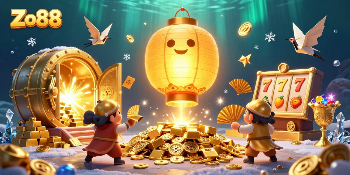 Experience thrilling action with Zo88's vibrant casino scene featuring golden lanterns, slot reels, and treasure.