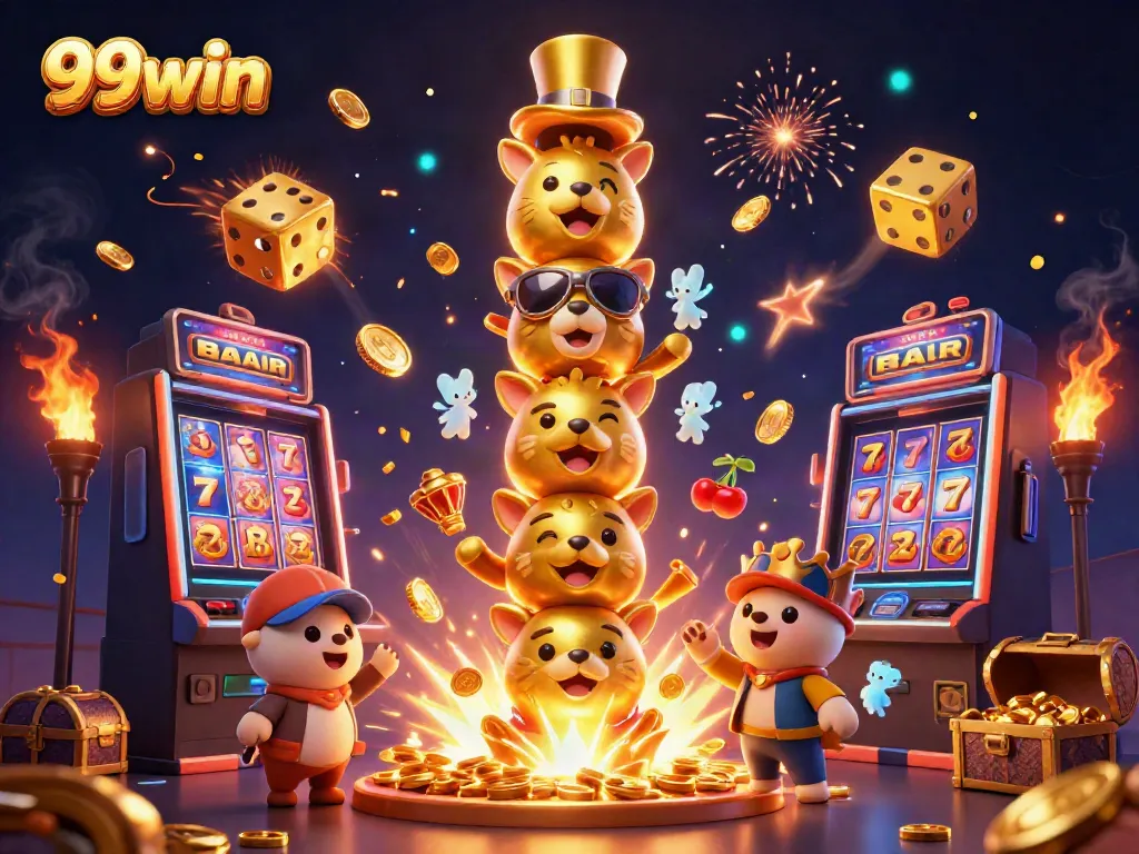 Interact with the thrilling 99win casino experience featuring an explosive slot machine and golden totem.