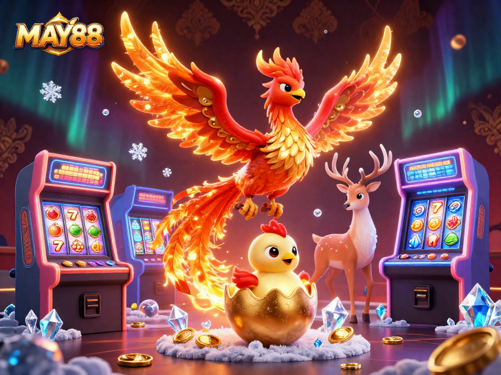 MAY88 showcases a vibrant scene with a phoenix and game elements, highlighting casino excitement.