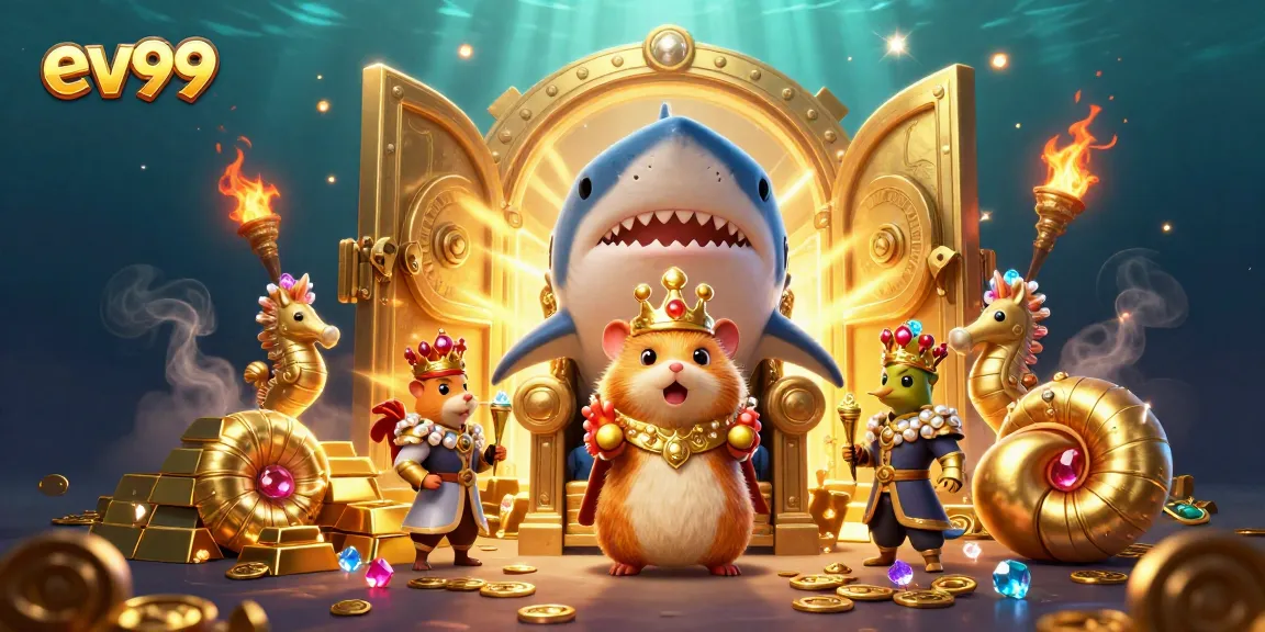 Experience the thrill of ev99 with a golden hamster king surrounded by treasures and casino symbols.