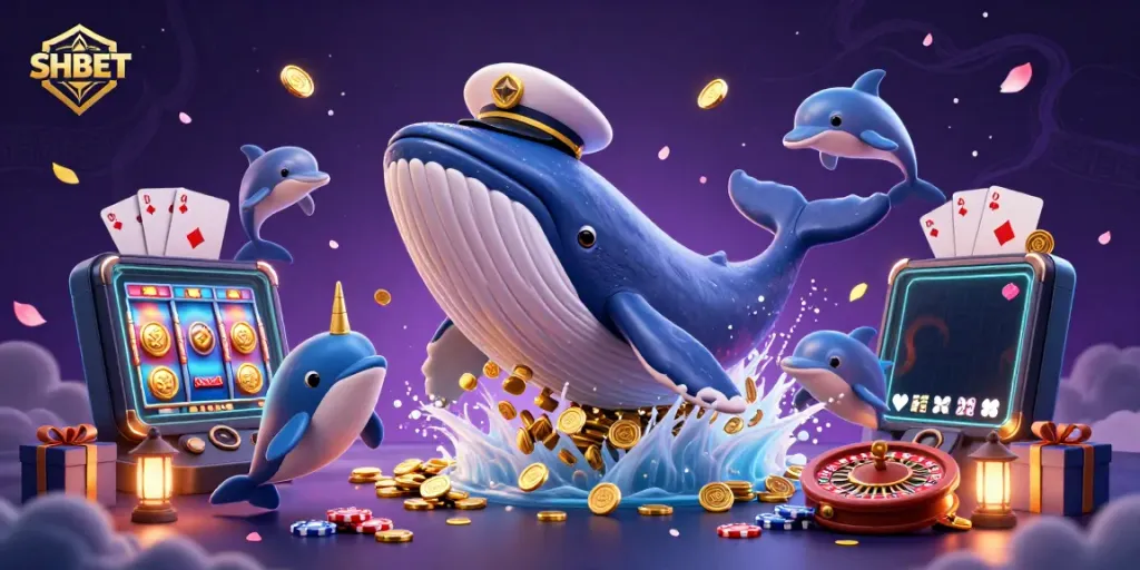 Engage with SHBET's vibrant 3D casino scene featuring a whale captain and playful dolphins.