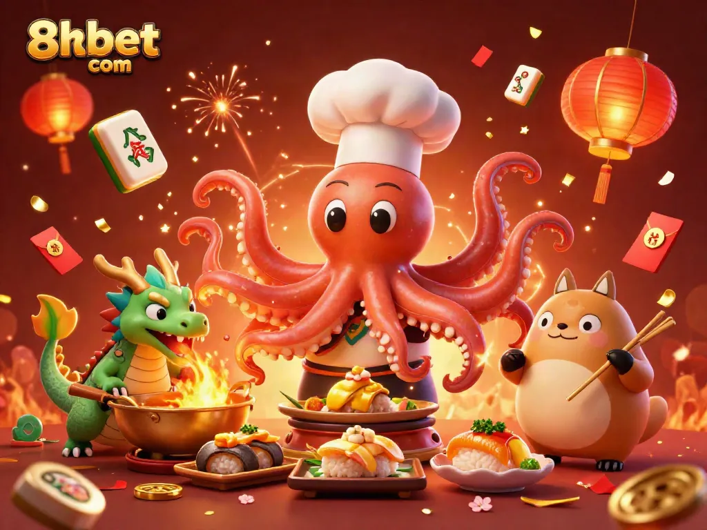 Experience vibrant celebrations at 8xbet com with a sushi chef octopus and a dragon amidst dazzling casino elements.