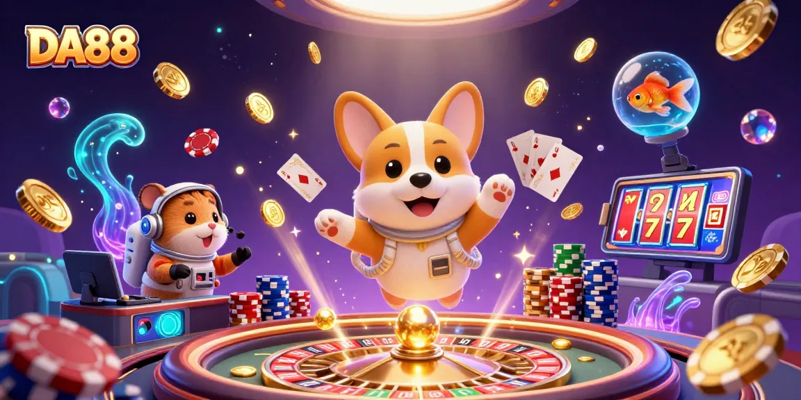Experience DA88 in a vibrant casino scene filled with floating coins and cosmic elements.