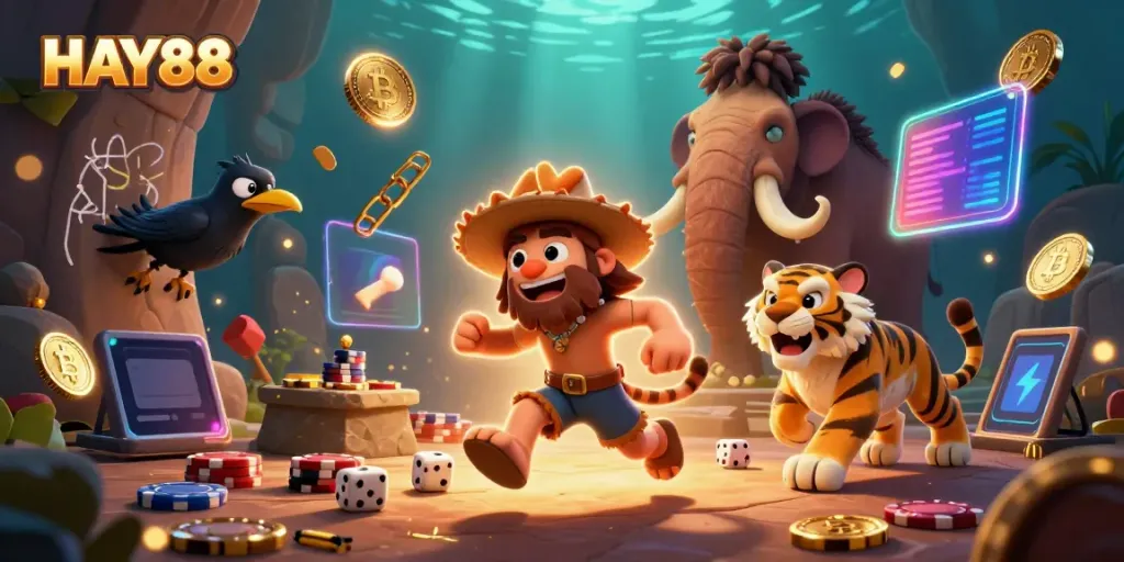 Experience the thrill of HAY88 in a vibrant prehistoric casino with Bitcoin and Ethereum elements.
