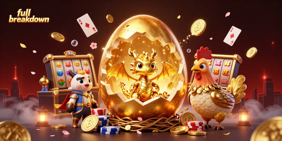 Full breakdown of a vibrant 3D casino scene with a golden dragon and Bitcoin elements.