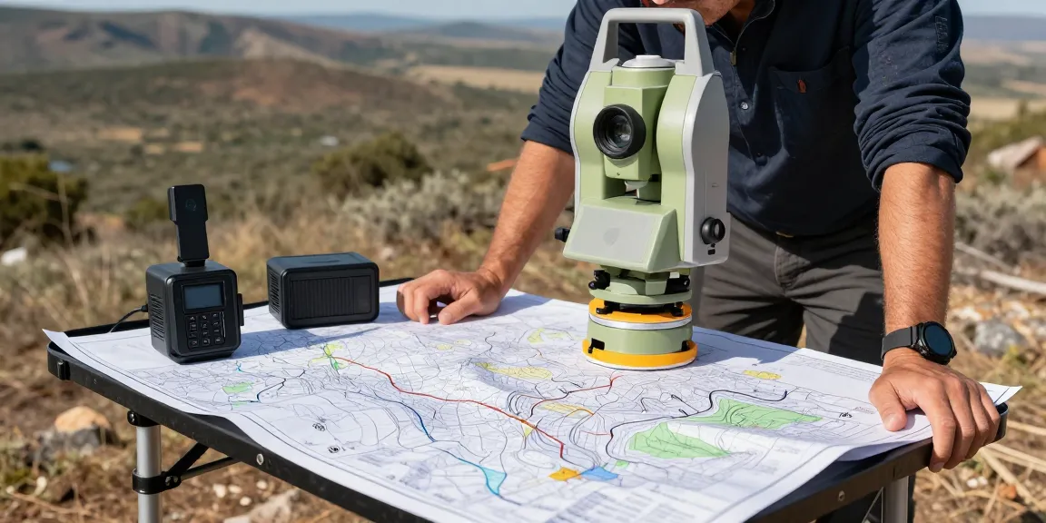 Topographic mapping tools in use by a professional surveyor outdoors.