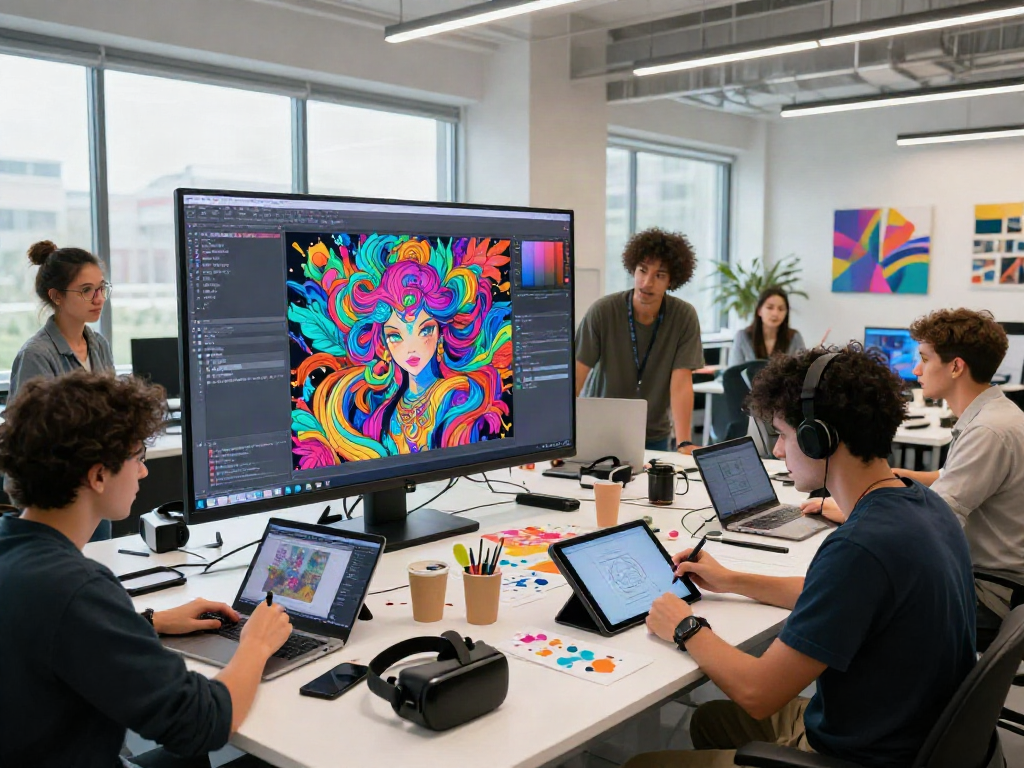 NSFW AI artwork creation in a vibrant digital art studio, showcasing collaboration and creativity with diverse artists.