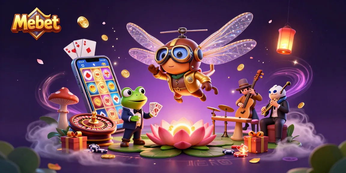 Mebet features a lively casino scene with a dragonfly pilot, frog croupier, and cricket jazz band.