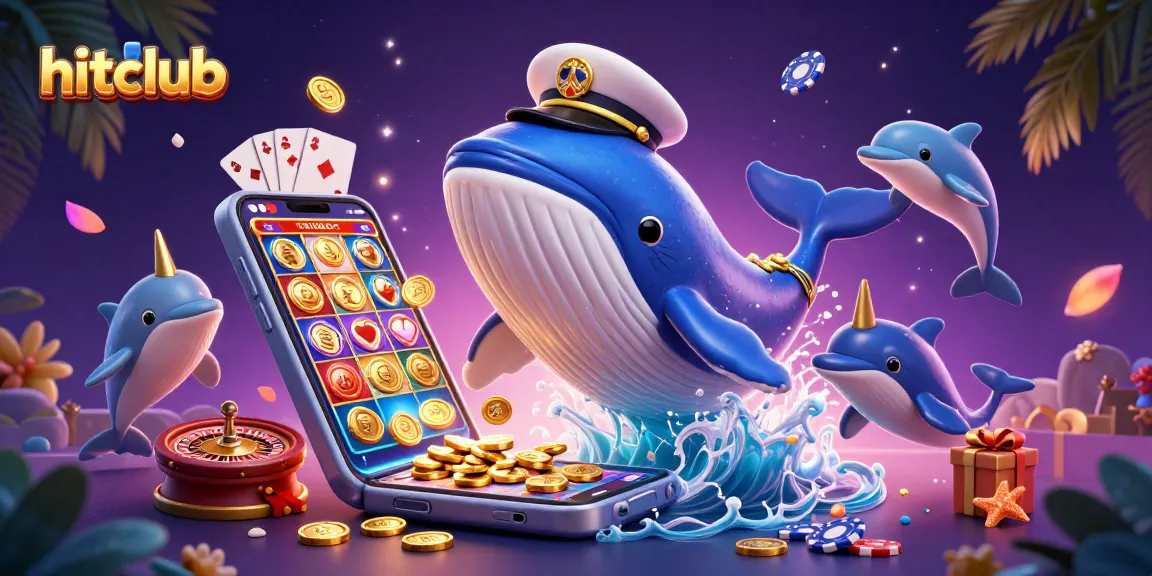Experience the thrill of gaming with hitclub, where a whale, narwhal, and dolphins celebrate amid coins and games.