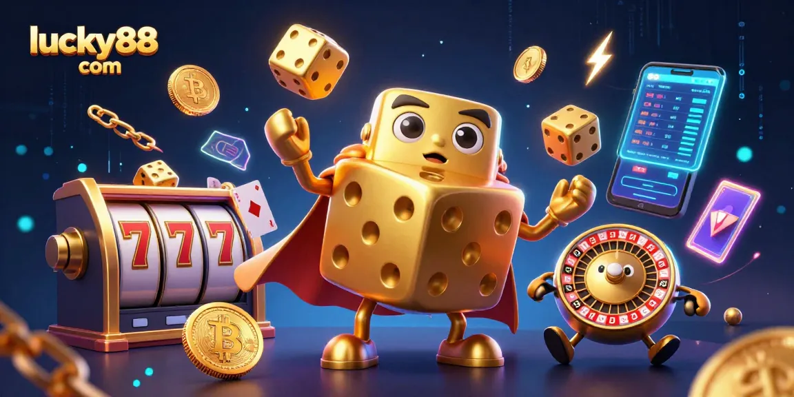 Engage with exciting games on lucky88 com showcasing golden dice, vibrant slot reels, and crypto elements