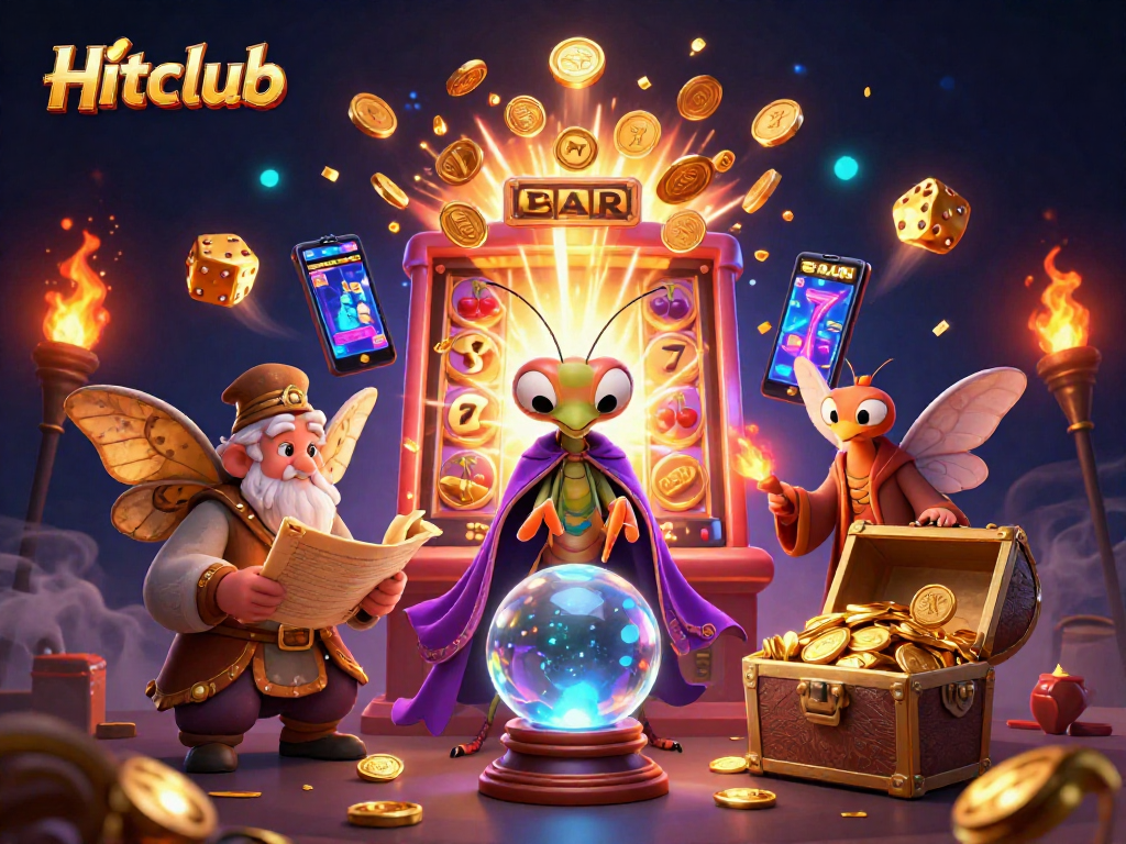 Experience the thrill of Hitclub with a vibrant casino illustration featuring a fortune teller and magical elements.