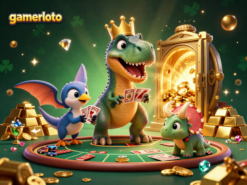 Engage with gamerloto as a T-Rex and friends play cards amidst dazzling casino riches.