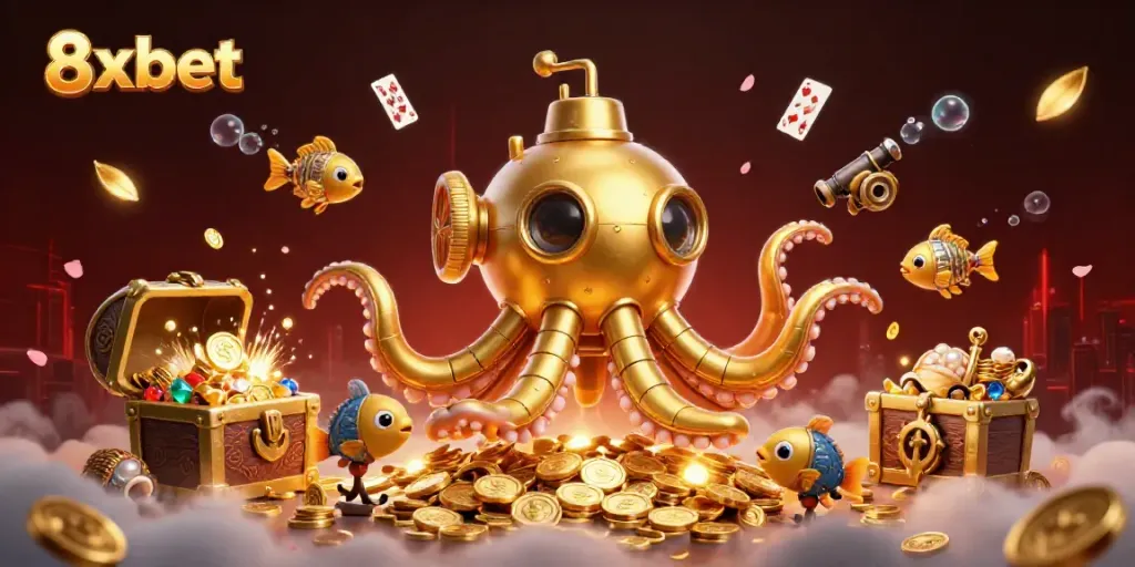 Engage with 8xbet's exciting world of betting, showcased in a vibrant underwater treasure scene.