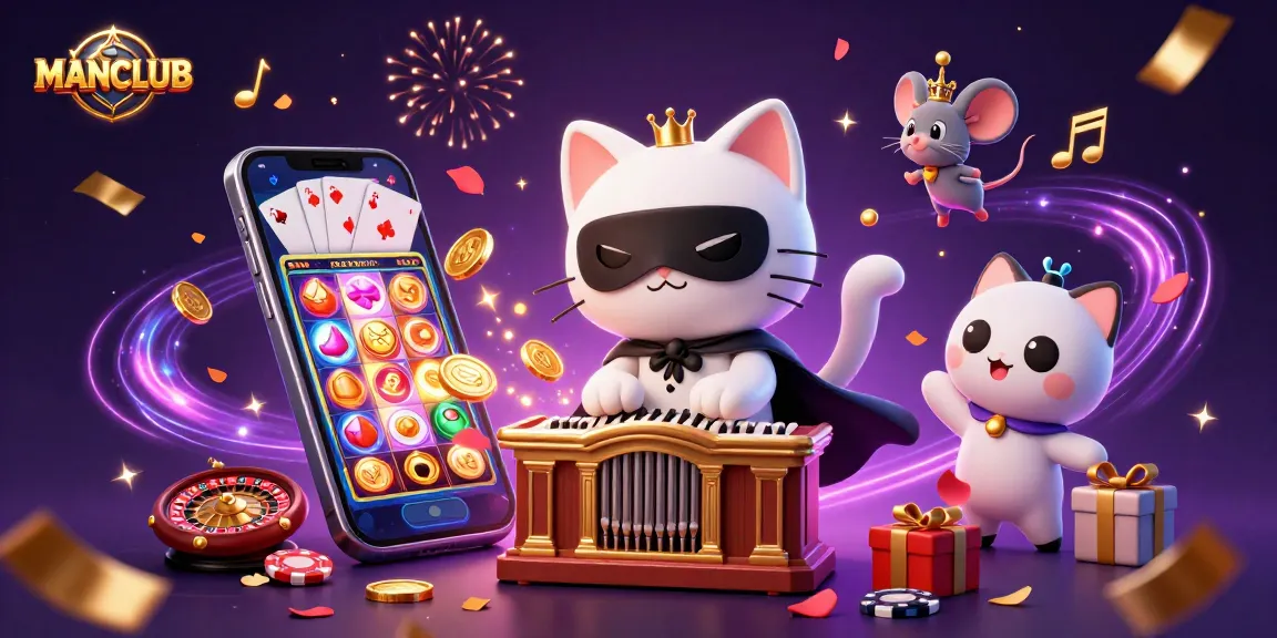 Experience thrilling slots at MANCLUB with a captivating casino scene featuring vibrant illustrations.