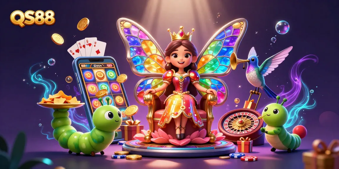 Experience QS88's vibrant gaming world with a colorful butterfly queen amidst casino excitement.