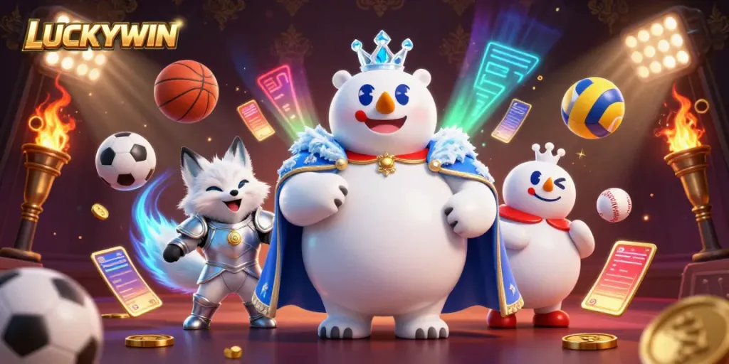 Experience the excitement of LUCKYWIN with a dynamic 3D casino scene featuring a polar bear king and sports elements.