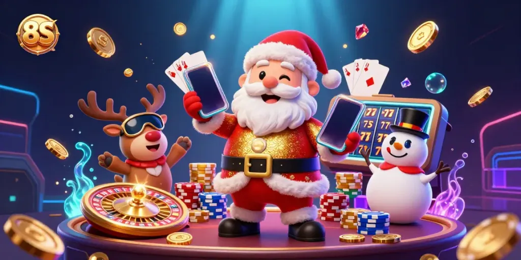 Experience 8S excitement with Santa, his reindeer, and a snowman in a vibrant casino scene.