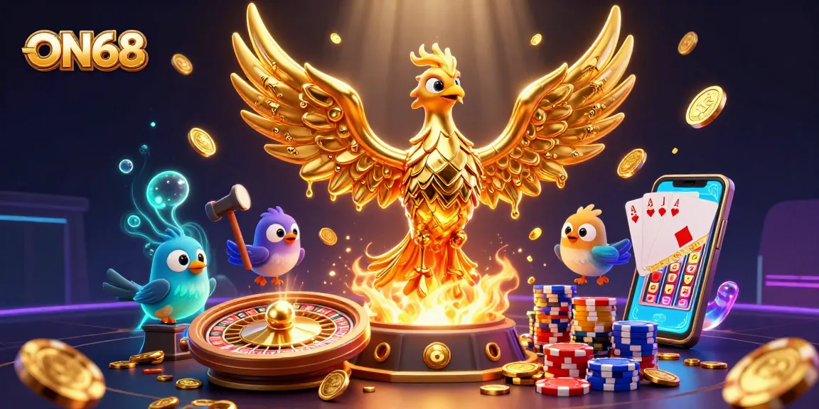 Experience the excitement of ON68 with a molten golden phoenix and casino elements bursting in a vibrant 3D scene.