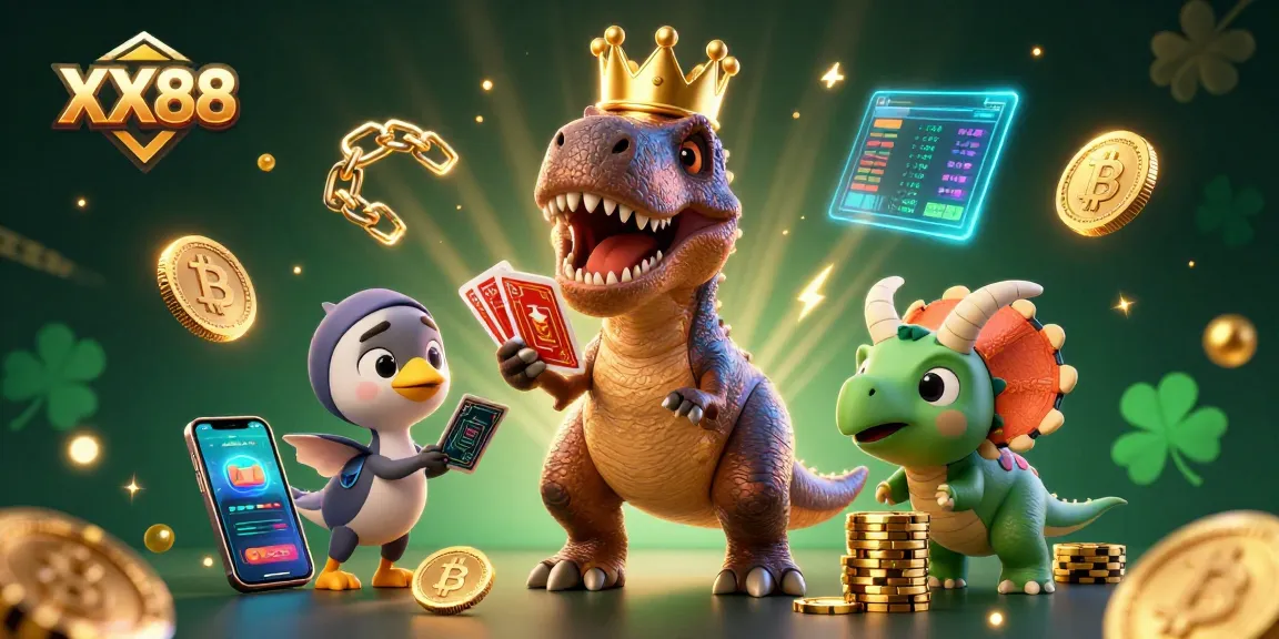 Players enjoy an exciting gaming session at XX88 with T-Rex card dealer and vibrant casino elements.