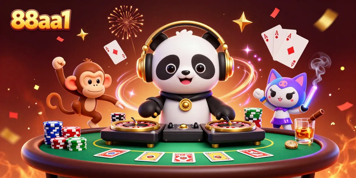 Experience the thrilling atmosphere of 88aa1 with this vibrant casino scene filled with characters and gaming elements.