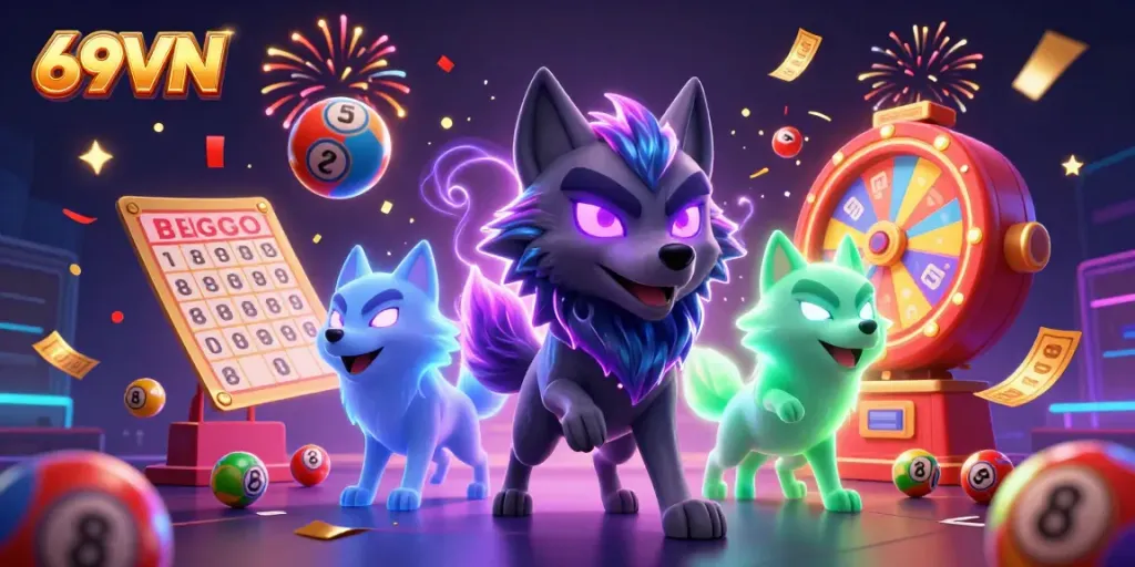 Experience gameplay excitement with 69VN's dynamic lottery scene featuring vibrant prize elements and ghostly wolves.