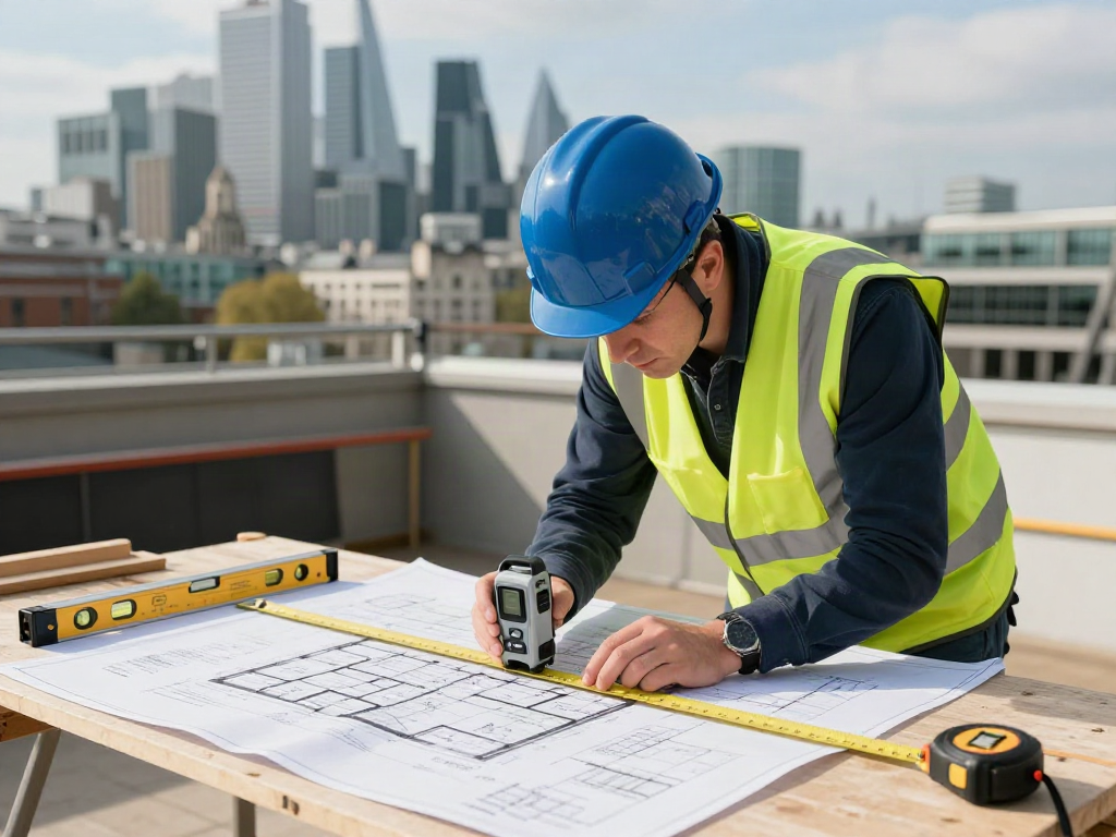Building Surveyors London conducting precise measurements at a construction site in the heart of the city.