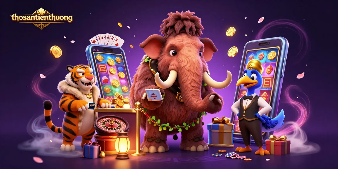 Engage in thrilling gameplay at thosantienthuong with colorful slot games and charismatic 3D characters in this dynamic casino scene.
