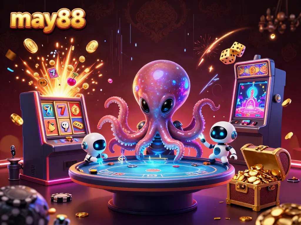 Engage with may88's thrilling online gambling, featuring a vibrant alien octopus at a holographic poker table.