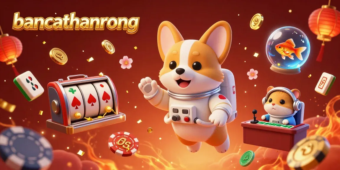 bancathanrong showcases a vibrant casino scene where a corgi astronaut drifts amidst floating slot reels and poker chips.
