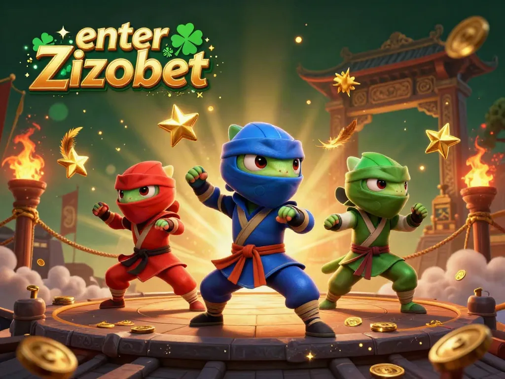Enter Zizobet with vibrant 3D chameleons showcasing martial arts atop a casino-themed rooftop.