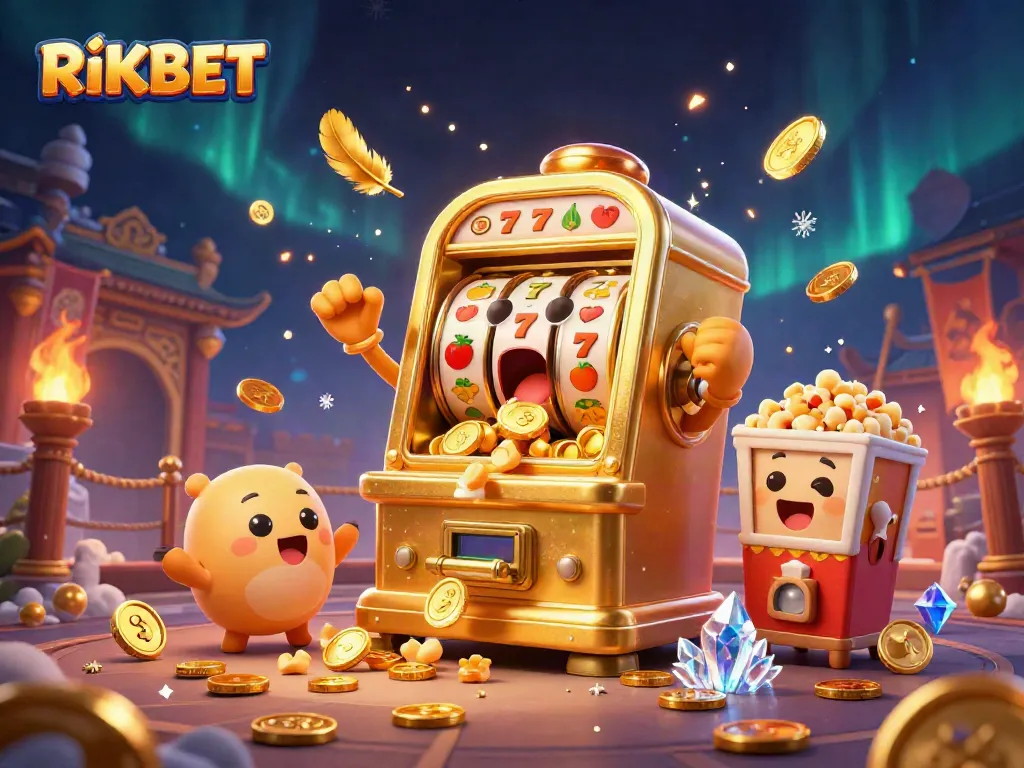 Experience the excitement of RIKBET as a golden slot machine hits a jackpot, surrounded by cheering baby slots.