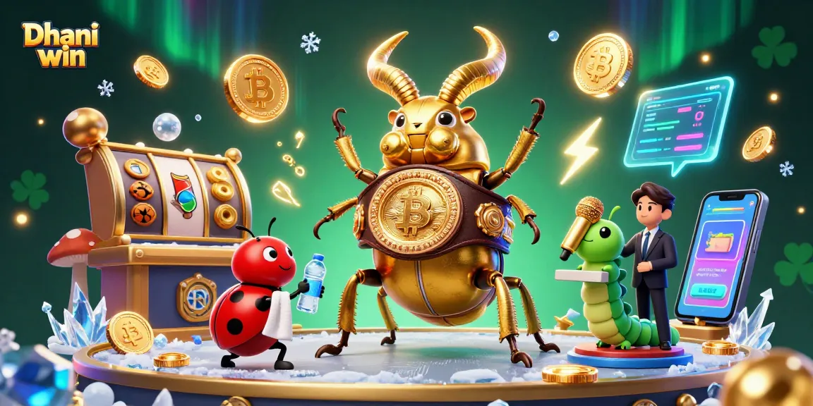 Dhani win offers thrilling slot games with vibrant characters and glowing crypto elements in a casino setting.