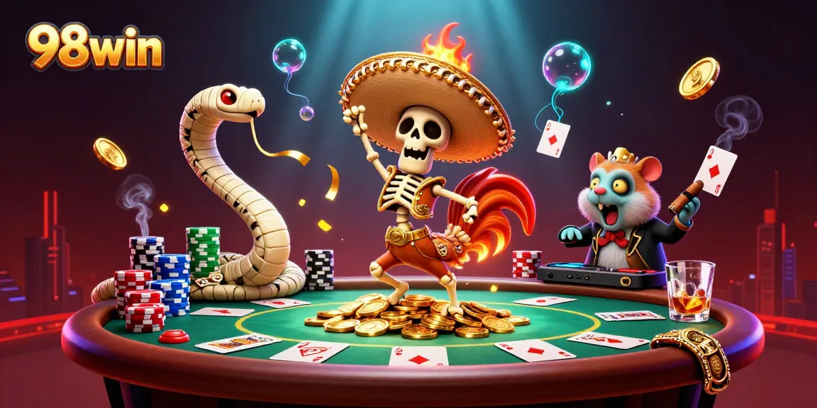 Experience thrilling victories with 98win at this lively casino scene featuring cartoon characters and poker elements.