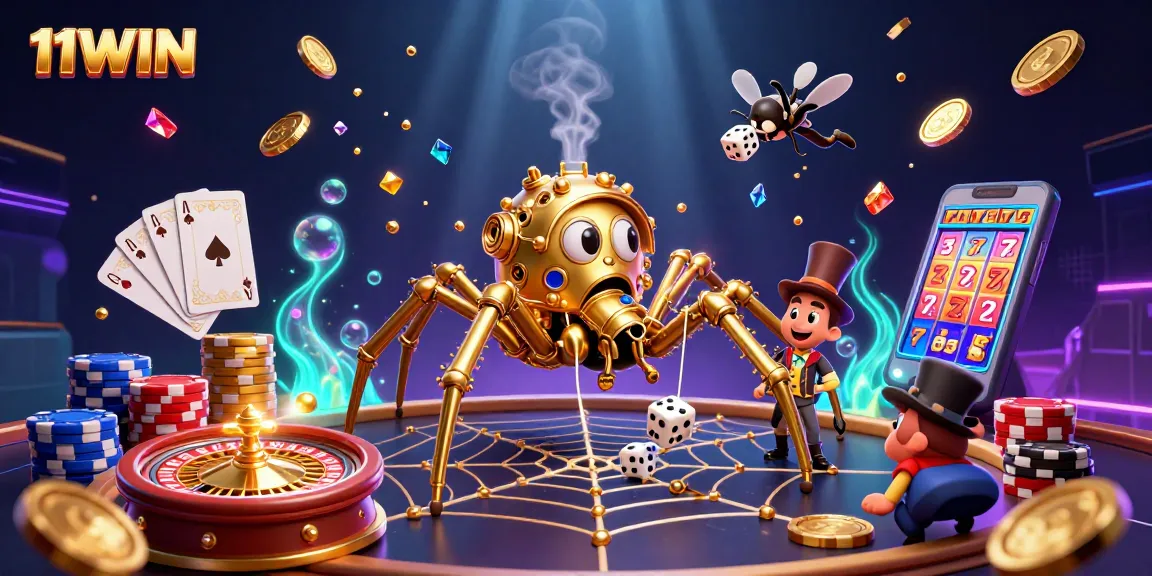 Spin with luck at 11WIN, surrounded by dazzling coins and an amusing golden spider!