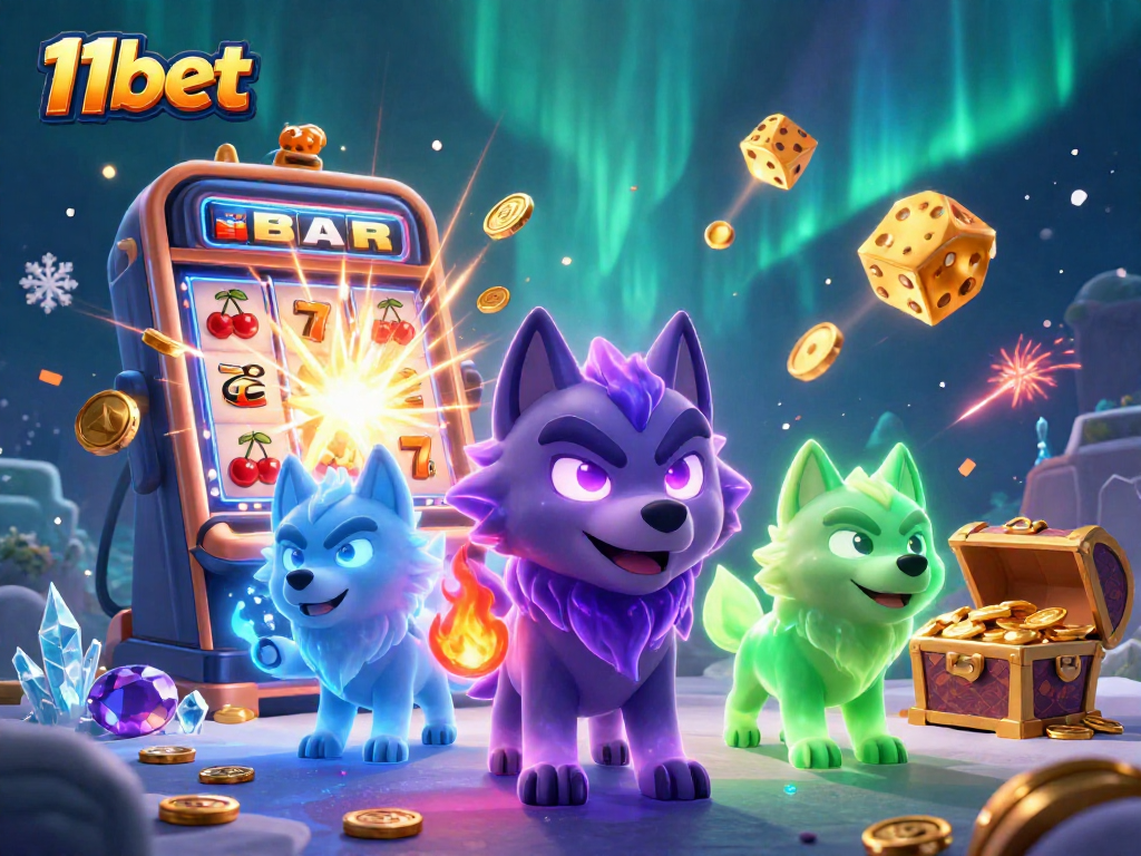 Win big at 11bet with an electrifying 3D casino scene filled with slots and golden treasures.
